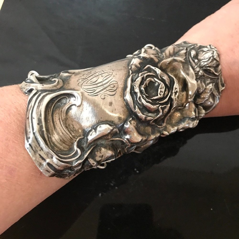 Rose Sterling Silver 925 Bracer Wide Cuff Bracelet Victorian Gladiator Floral - Picture 4 of 11
